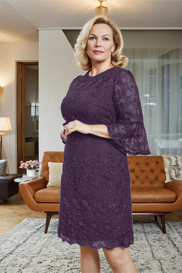 Lace 3/4 Sleeves Knee Length Column Mother of the Bride Dress