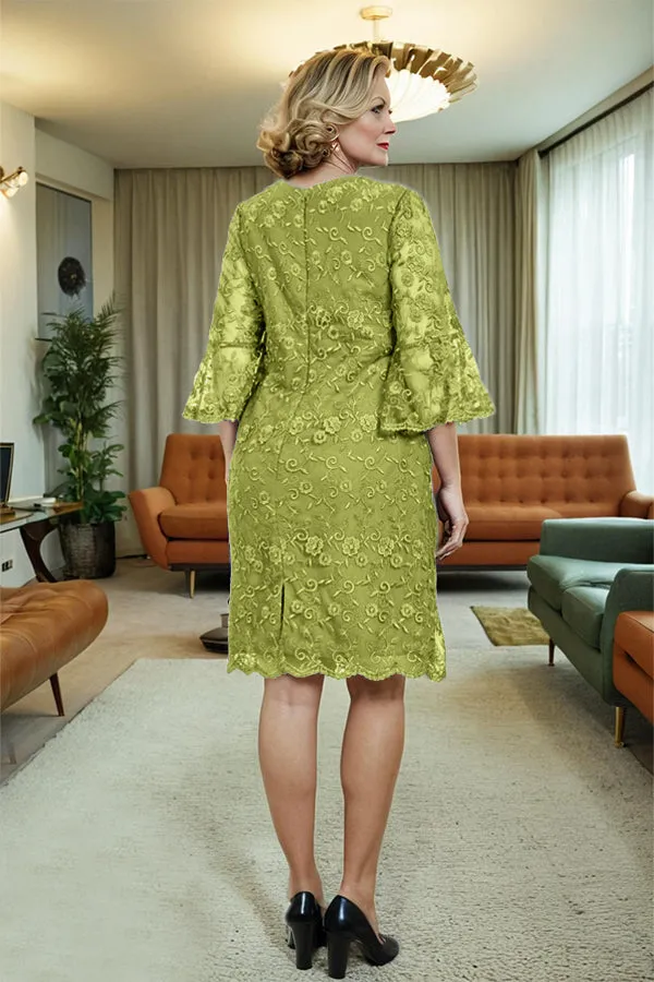 Lace 3/4 Sleeves Knee Length Column Mother of the Bride Dress
