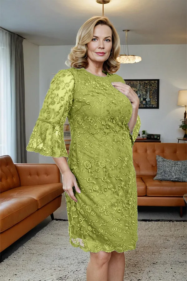 Lace 3/4 Sleeves Knee Length Column Mother of the Bride Dress