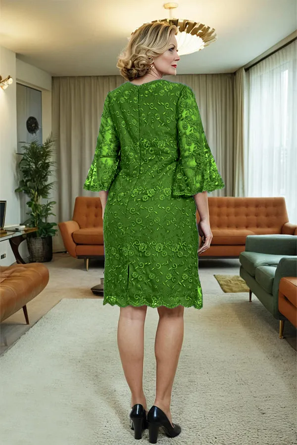 Lace 3/4 Sleeves Knee Length Column Mother of the Bride Dress