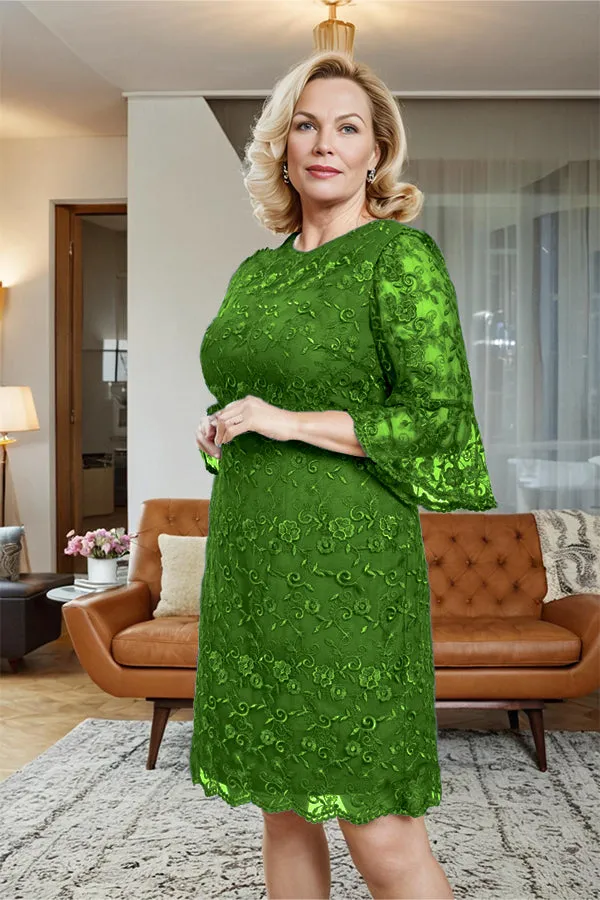 Lace 3/4 Sleeves Knee Length Column Mother of the Bride Dress