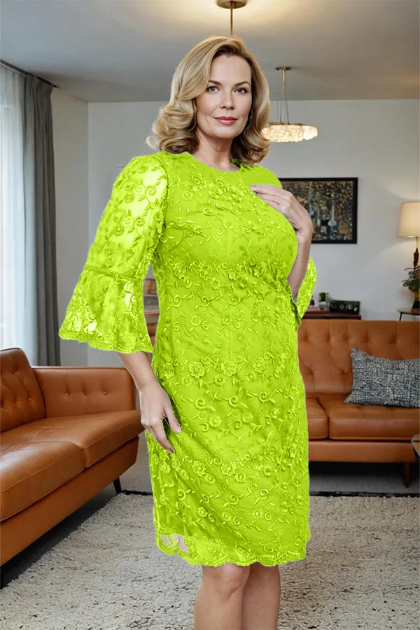 Lace 3/4 Sleeves Knee Length Column Mother of the Bride Dress