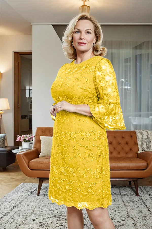 Lace 3/4 Sleeves Knee Length Column Mother of the Bride Dress