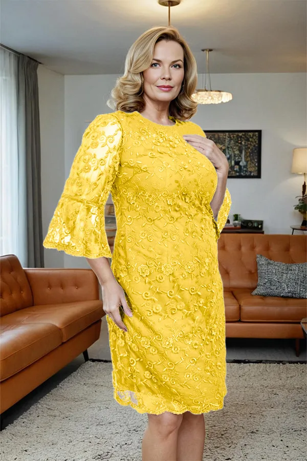 Lace 3/4 Sleeves Knee Length Column Mother of the Bride Dress