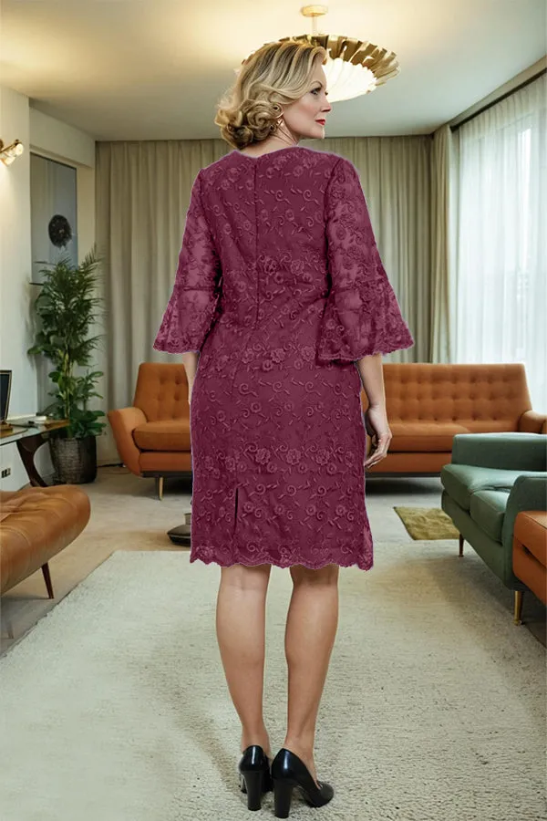 Lace 3/4 Sleeves Knee Length Column Mother of the Bride Dress