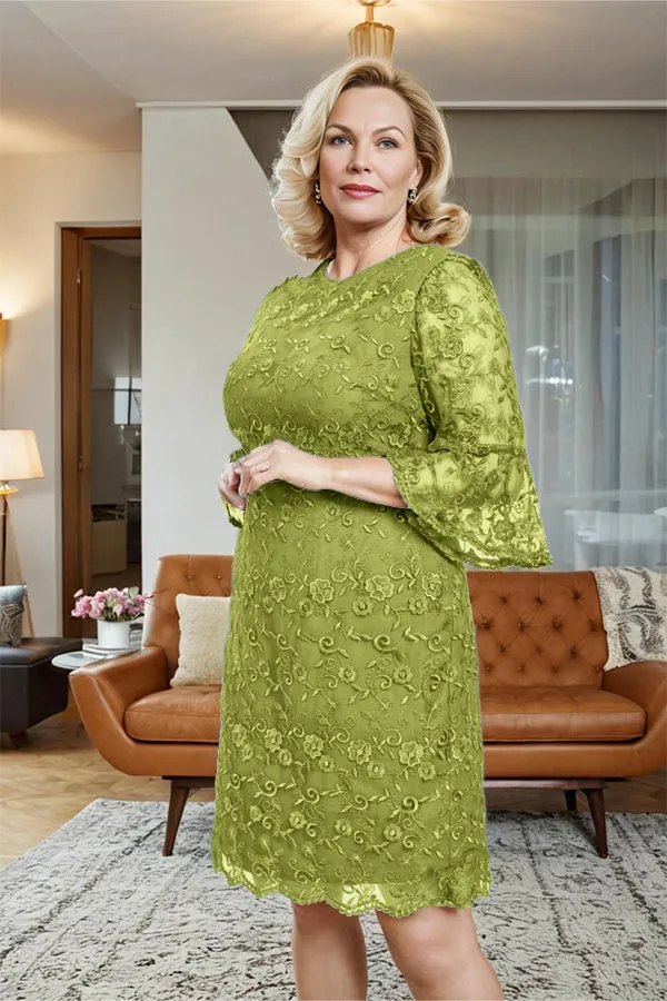 Lace 3/4 Sleeves Knee Length Column Mother of the Bride Dress