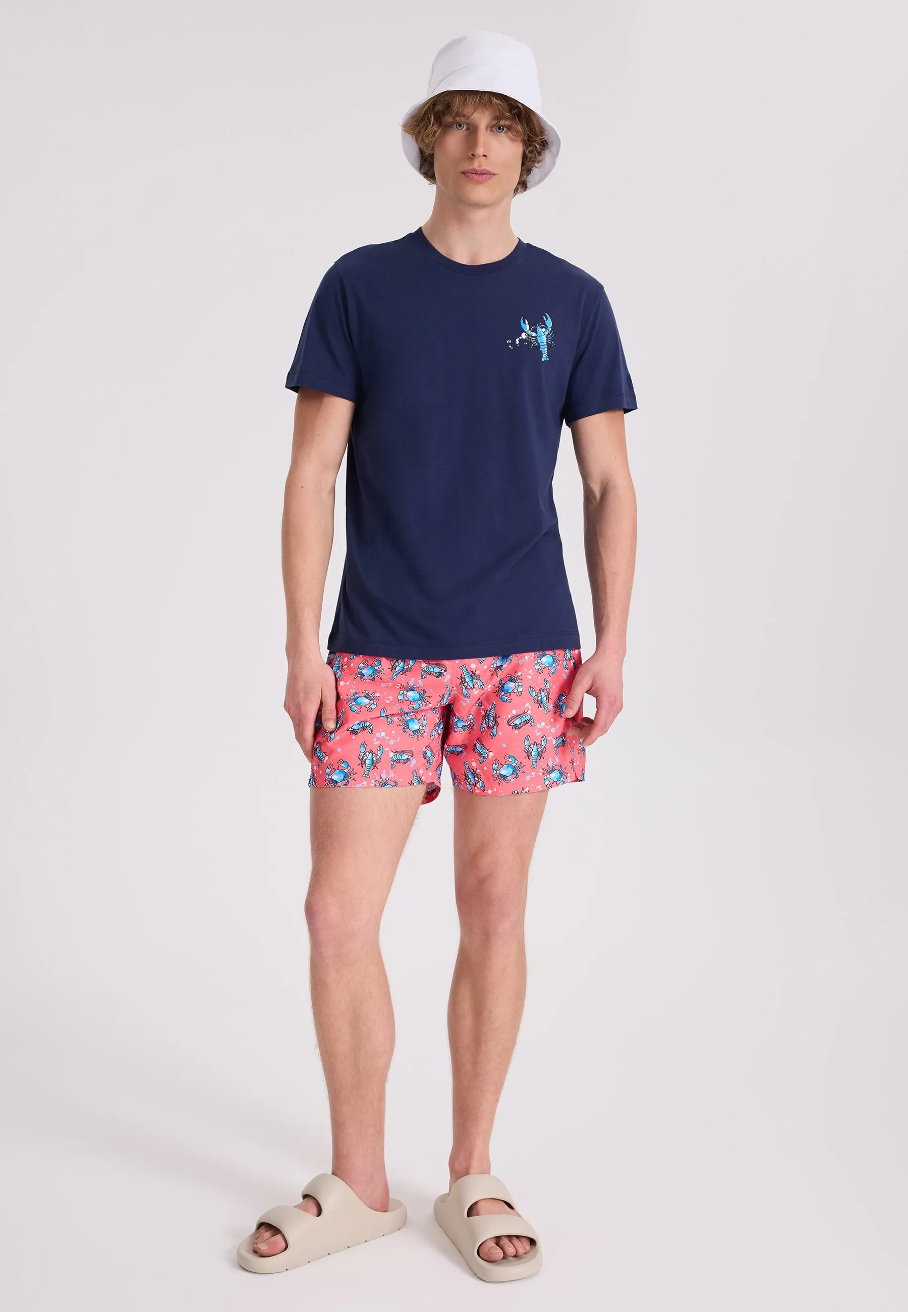 Lacivert Baskılı Bisiklet Yaka Pamuklu Regular Fit Erkek T-Shirt WMCHEST LOBSTER