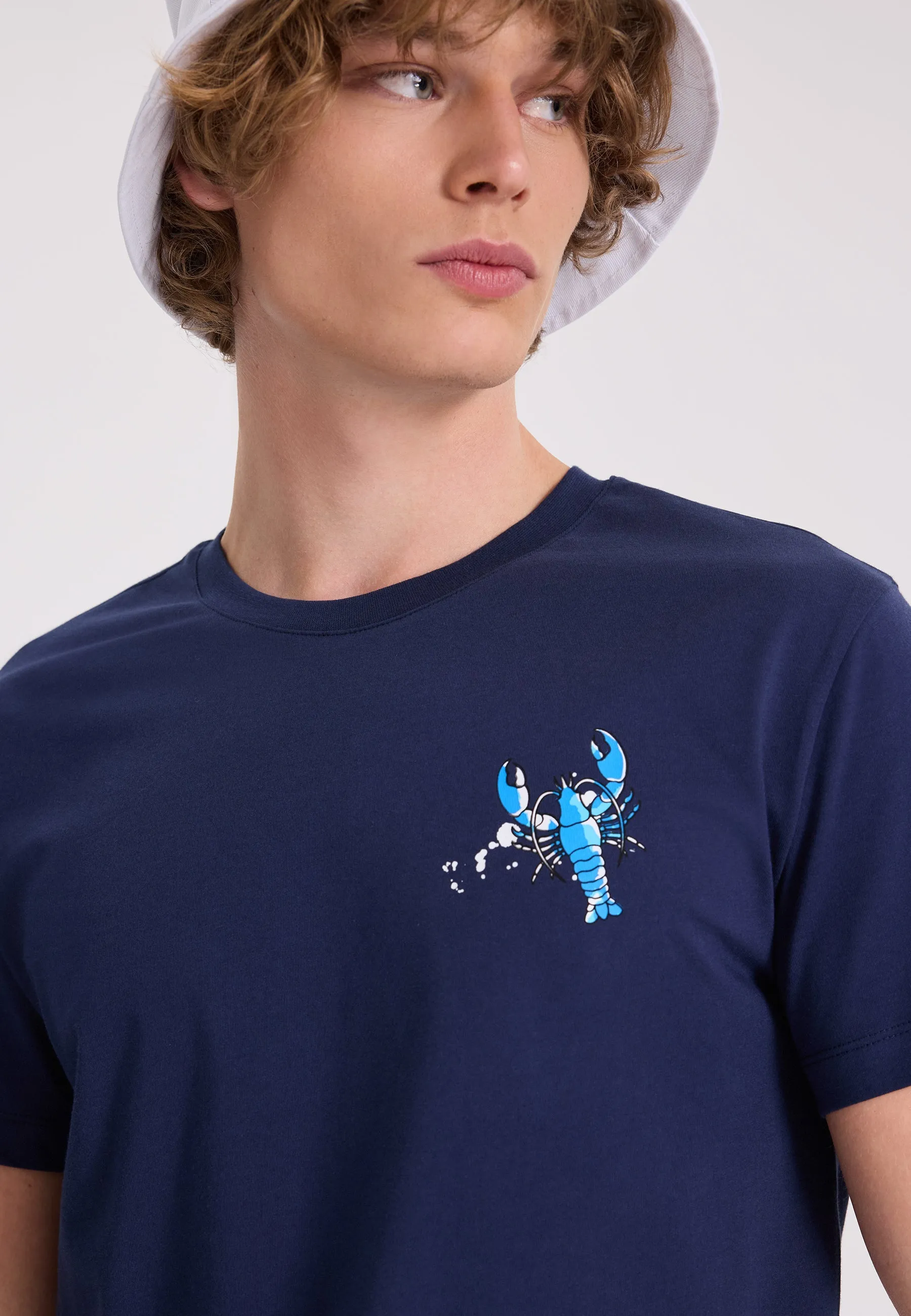 Lacivert Baskılı Bisiklet Yaka Pamuklu Regular Fit Erkek T-Shirt WMCHEST LOBSTER