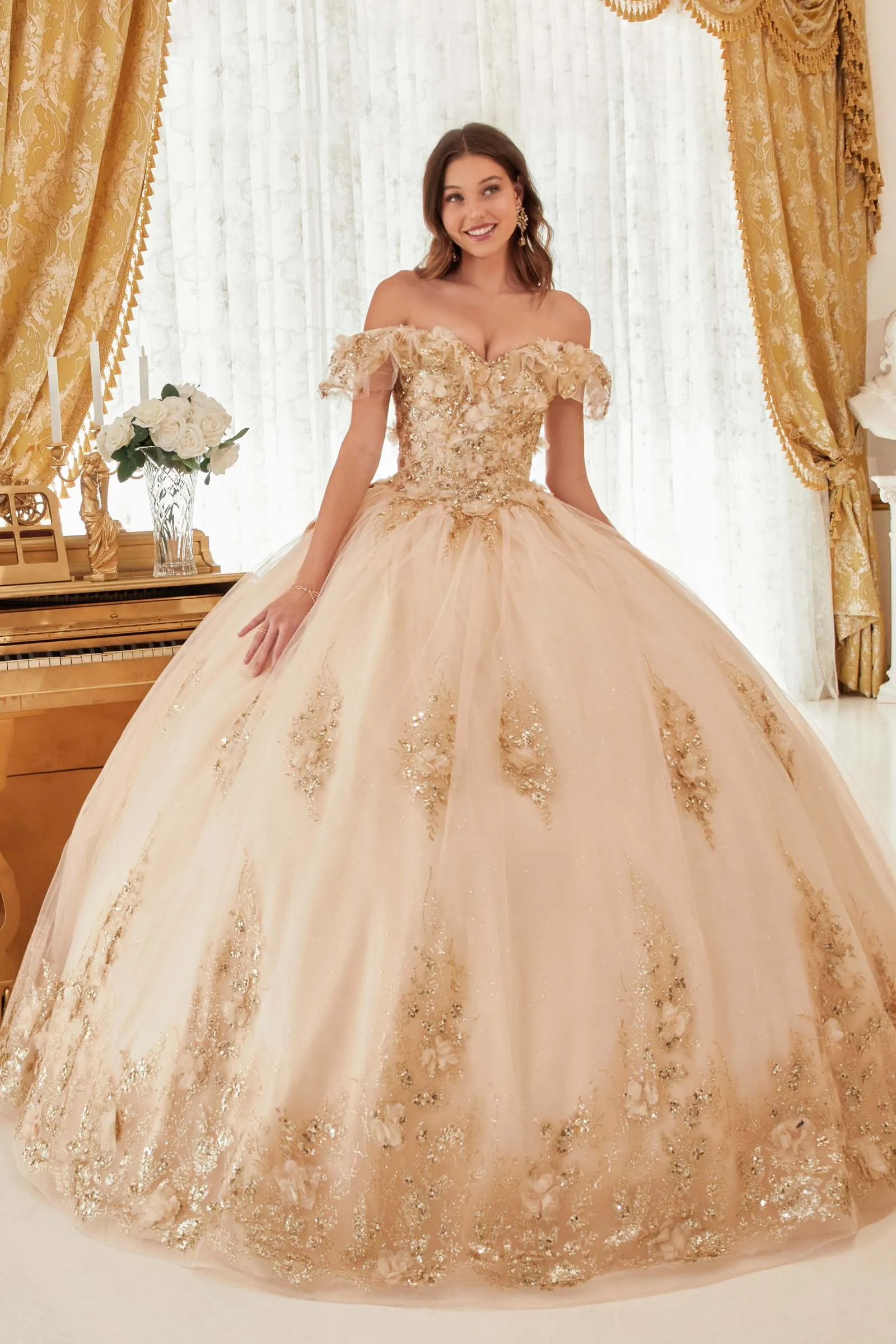 Ladivine 15701 Floral Off the Shoulder A-line Quince Ball Gown