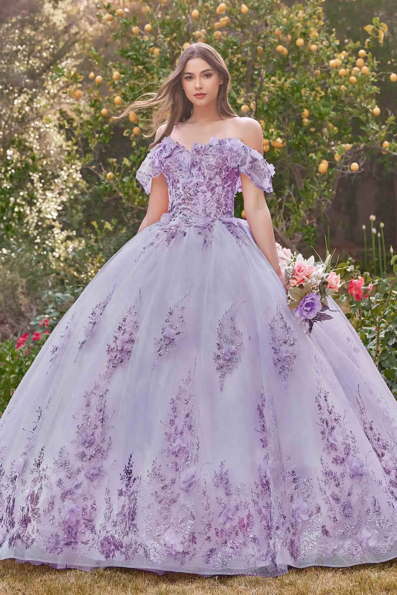 Ladivine 15701 Floral Off the Shoulder A-line Quince Ball Gown