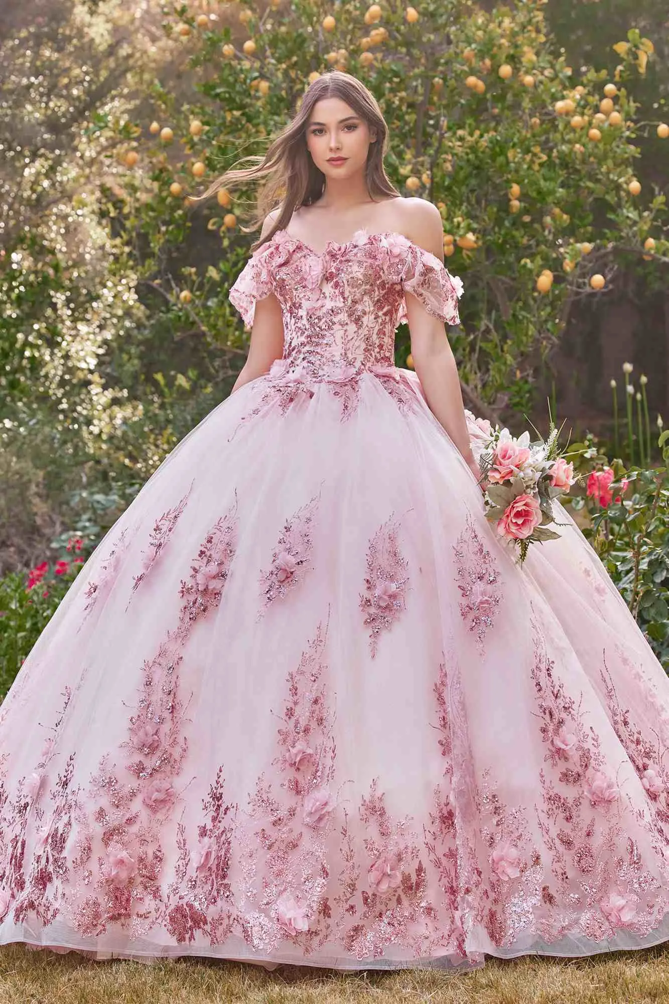 Ladivine 15701 Floral Off the Shoulder A-line Quince Ball Gown