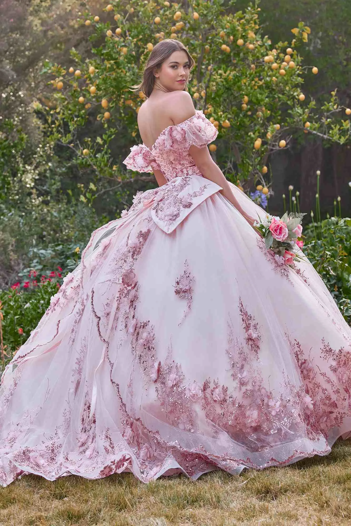 Ladivine 15701 Floral Off the Shoulder A-line Quince Ball Gown