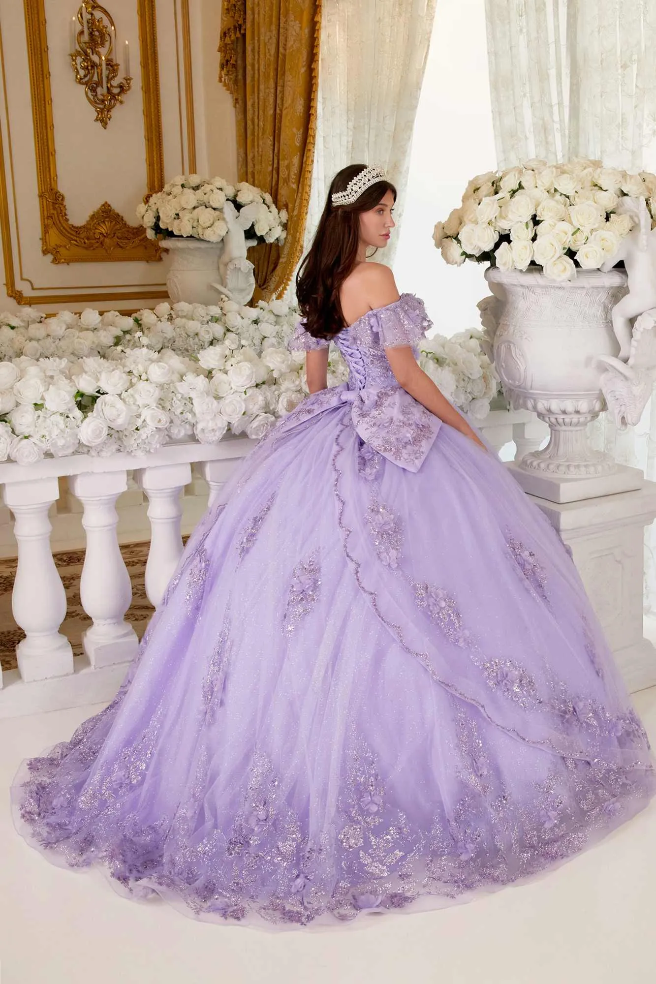 Ladivine 15701 Floral Off the Shoulder A-line Quince Ball Gown