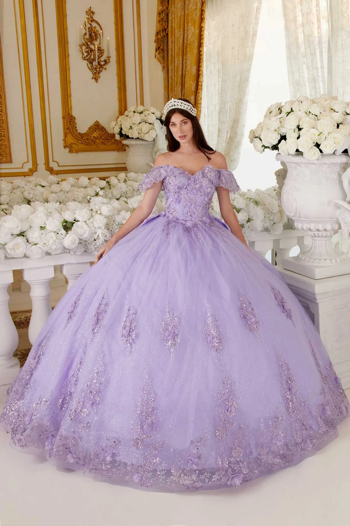 Ladivine 15701 Floral Off the Shoulder A-line Quince Ball Gown