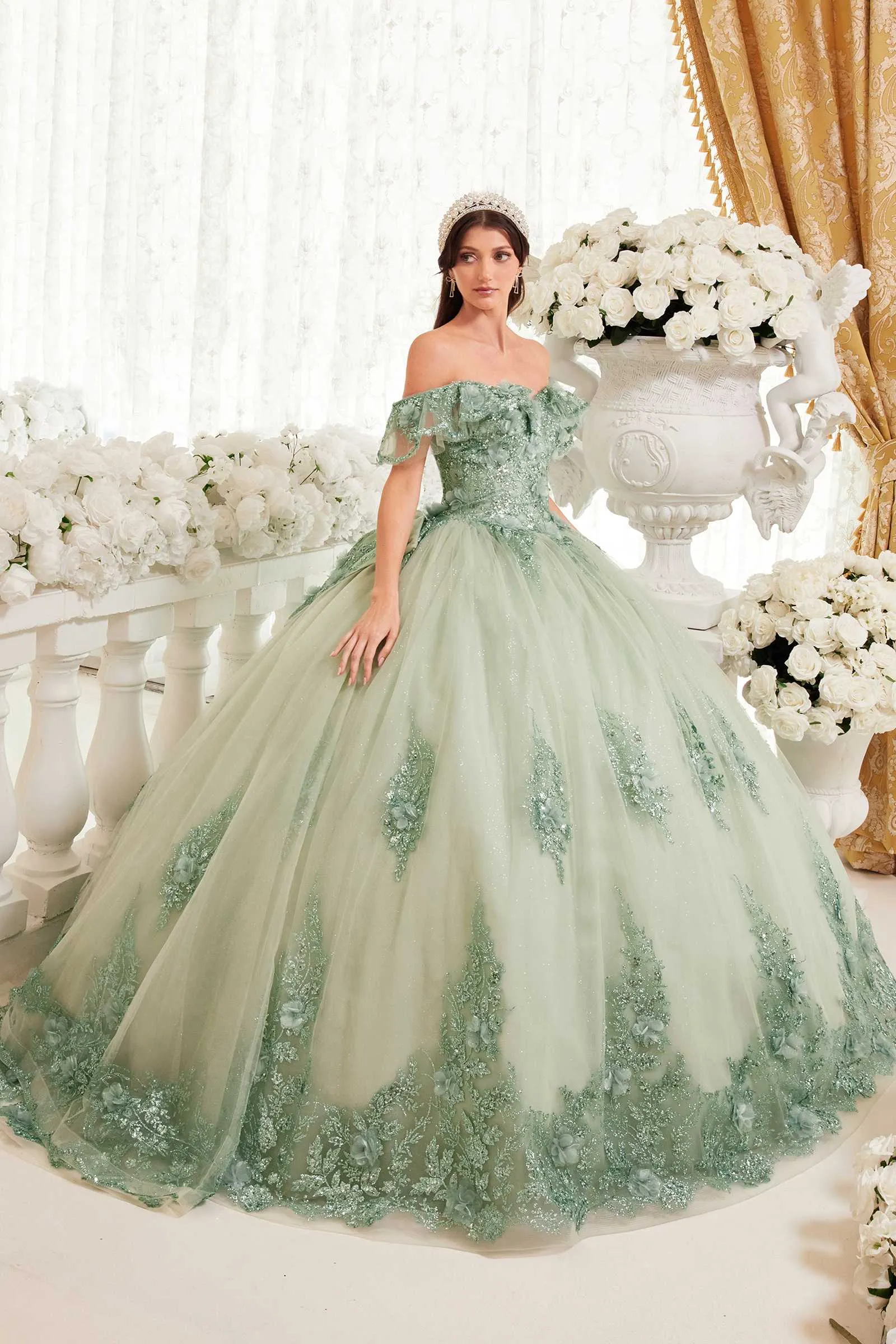 Ladivine 15701 Floral Off the Shoulder A-line Quince Ball Gown