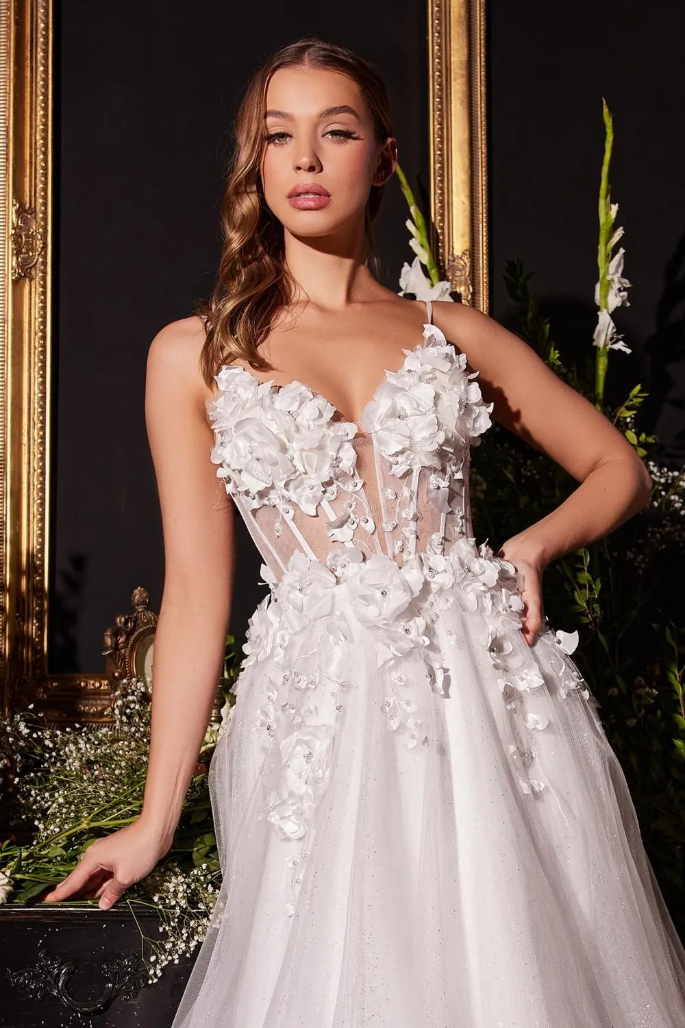 Ladivine CM321W Floor Length Floral Applique A-Line Tulle Bridal Gown
