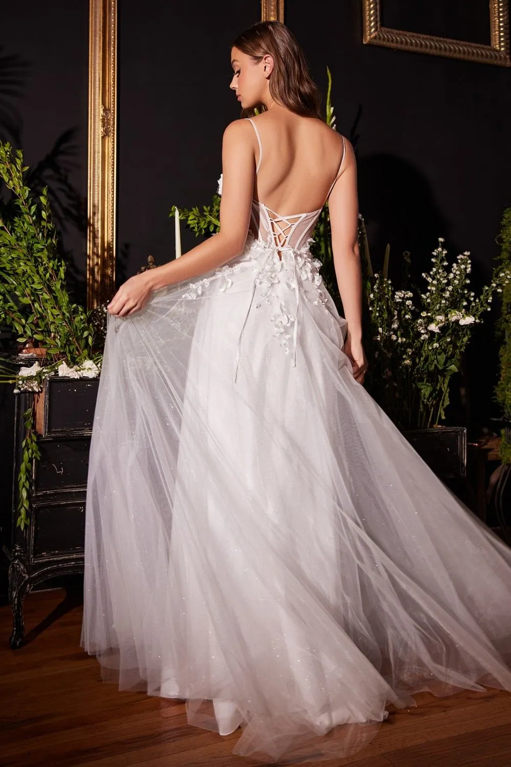 Ladivine CM321W Floor Length Floral Applique A-Line Tulle Bridal Gown
