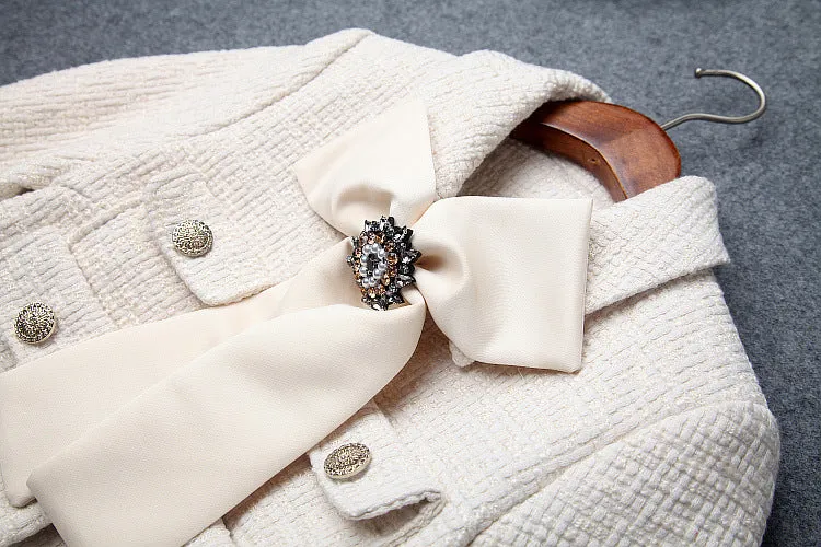Lapel Bow Long Sleeve Short Jacket & Tweed Tassel Skirt Dress Suit