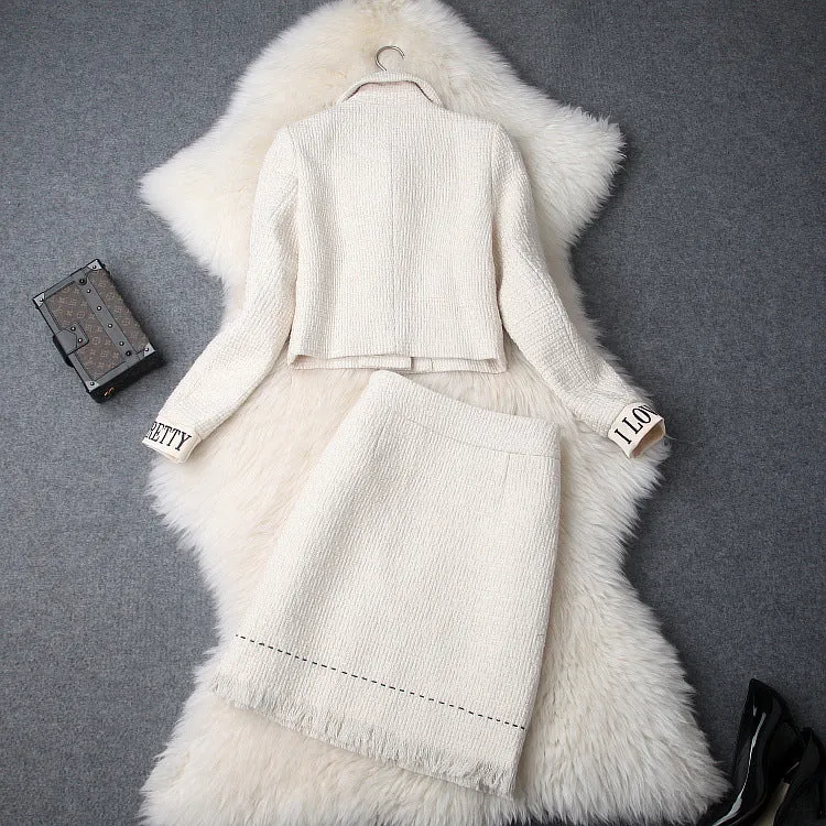 Lapel Bow Long Sleeve Short Jacket & Tweed Tassel Skirt Dress Suit