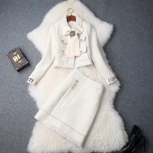 Lapel Bow Long Sleeve Short Jacket & Tweed Tassel Skirt Dress Suit