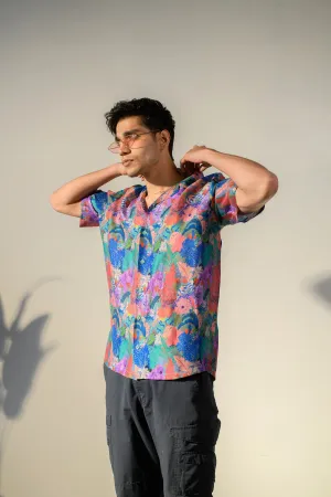 Leopard Multicolor Floral Blue Russian Silk Oversize Hawaiian Collar Shirt