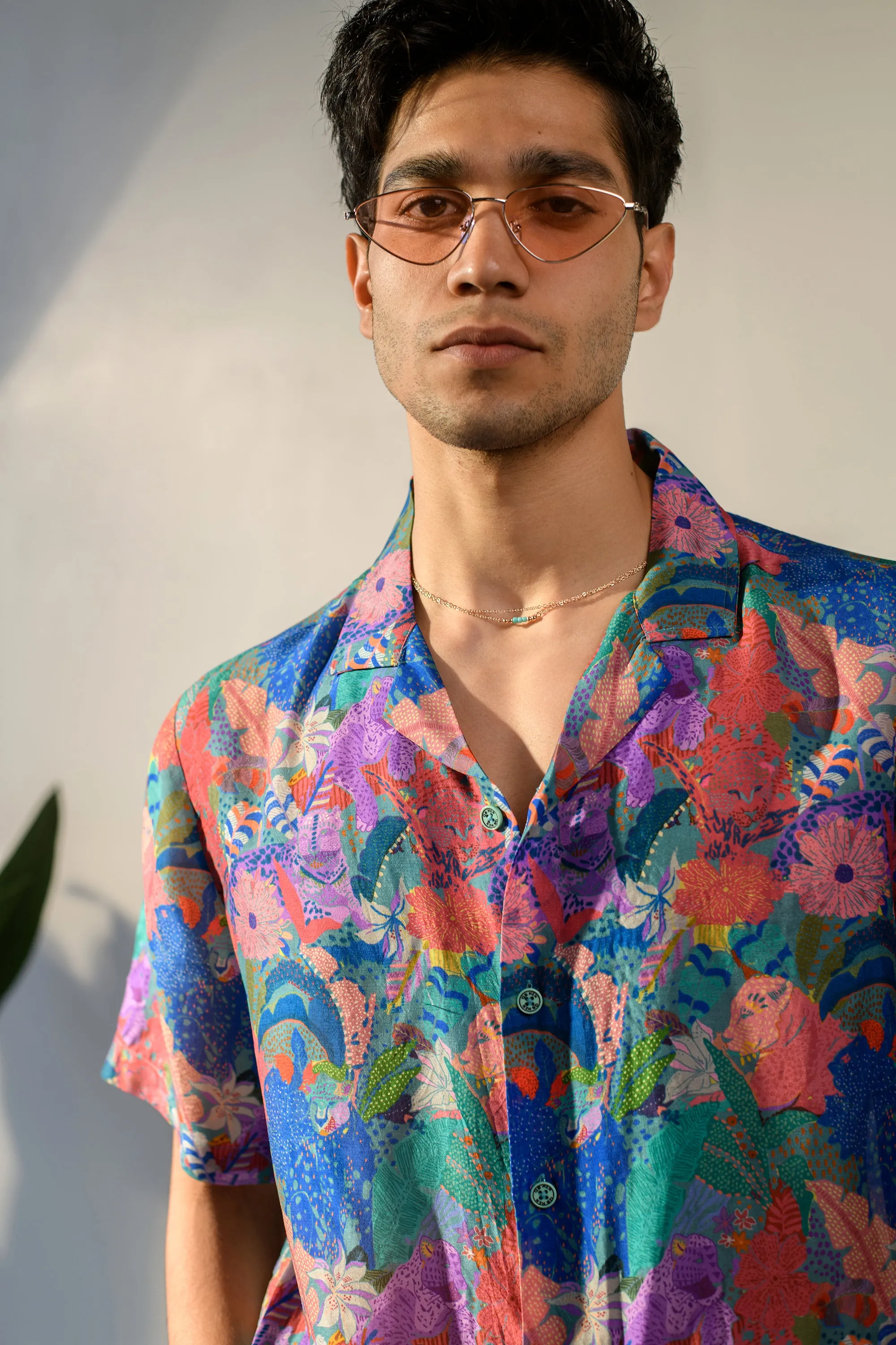 Leopard Multicolor Floral Blue Russian Silk Oversize Hawaiian Collar Shirt