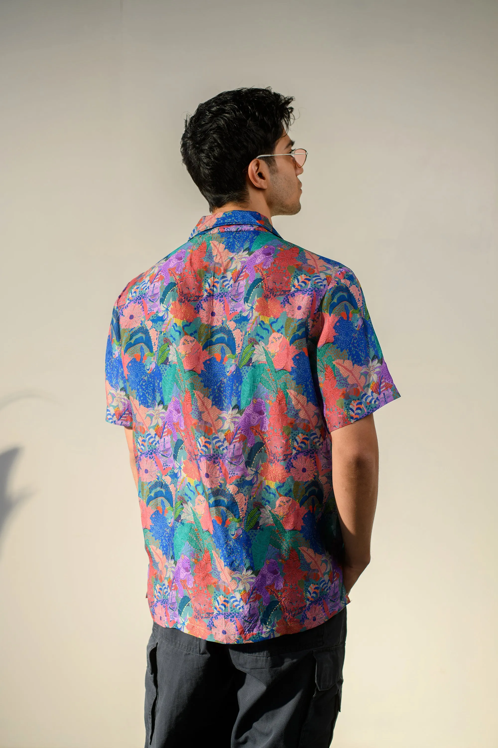 Leopard Multicolor Floral Blue Russian Silk Oversize Hawaiian Collar Shirt