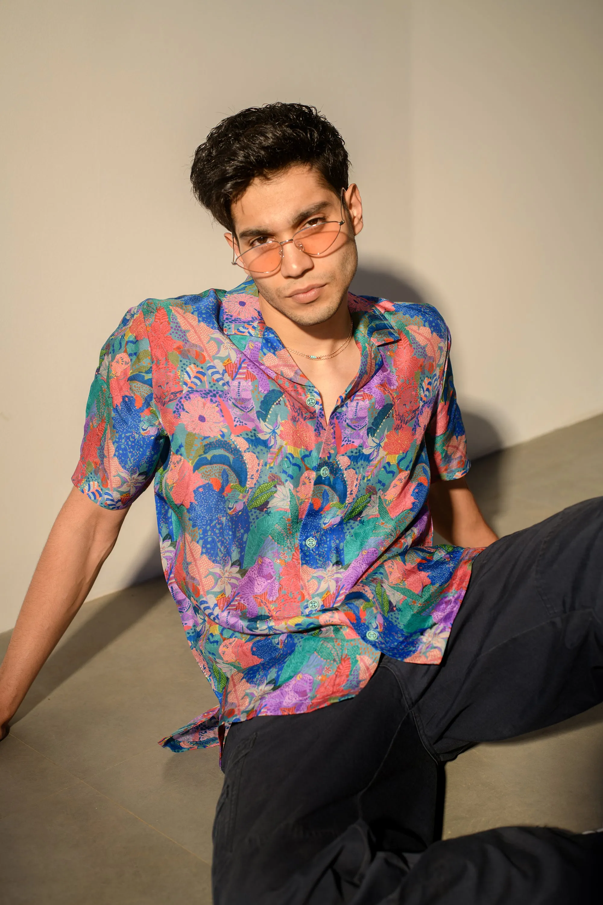 Leopard Multicolor Floral Blue Russian Silk Oversize Hawaiian Collar Shirt
