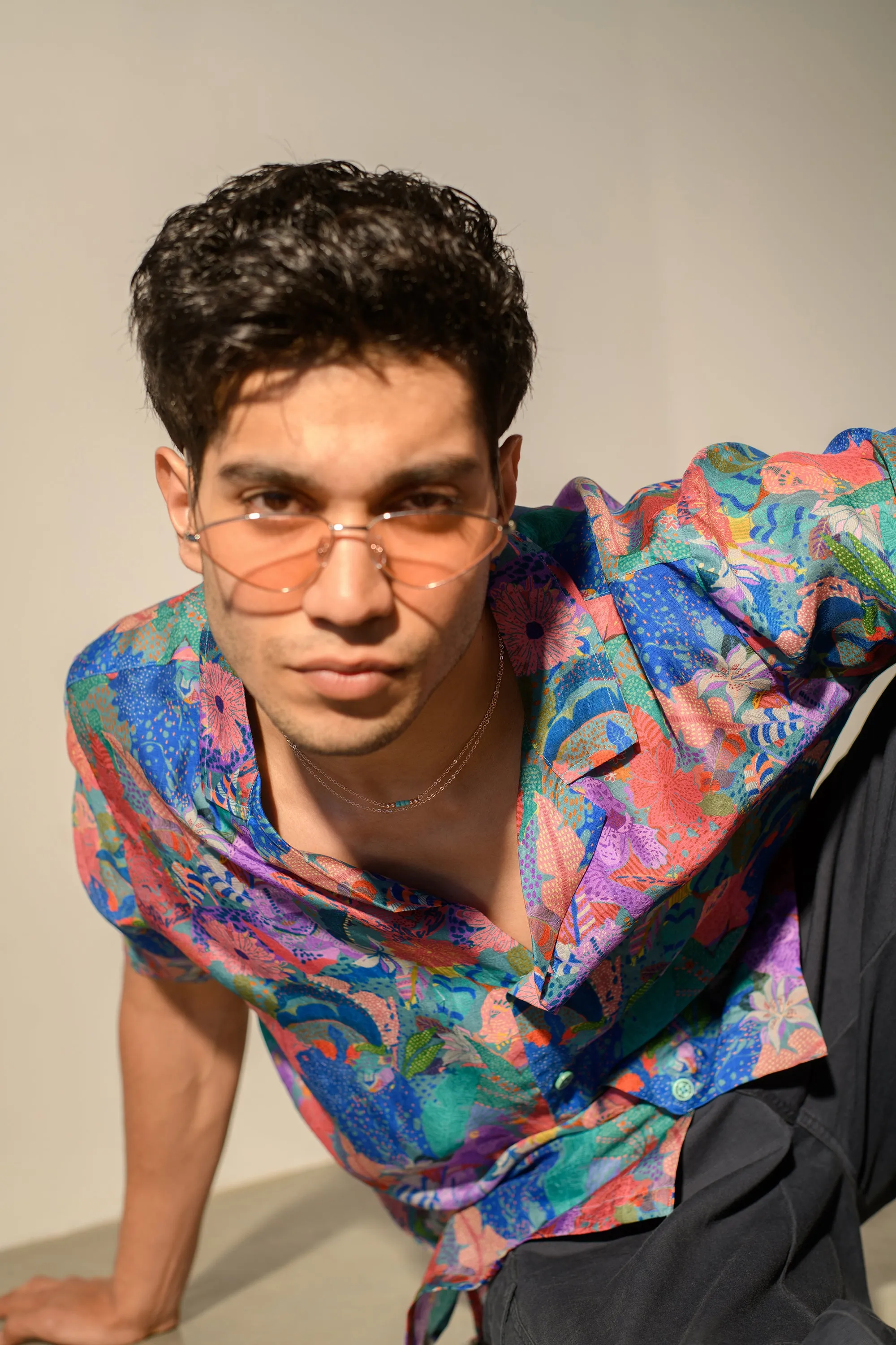Leopard Multicolor Floral Blue Russian Silk Oversize Hawaiian Collar Shirt