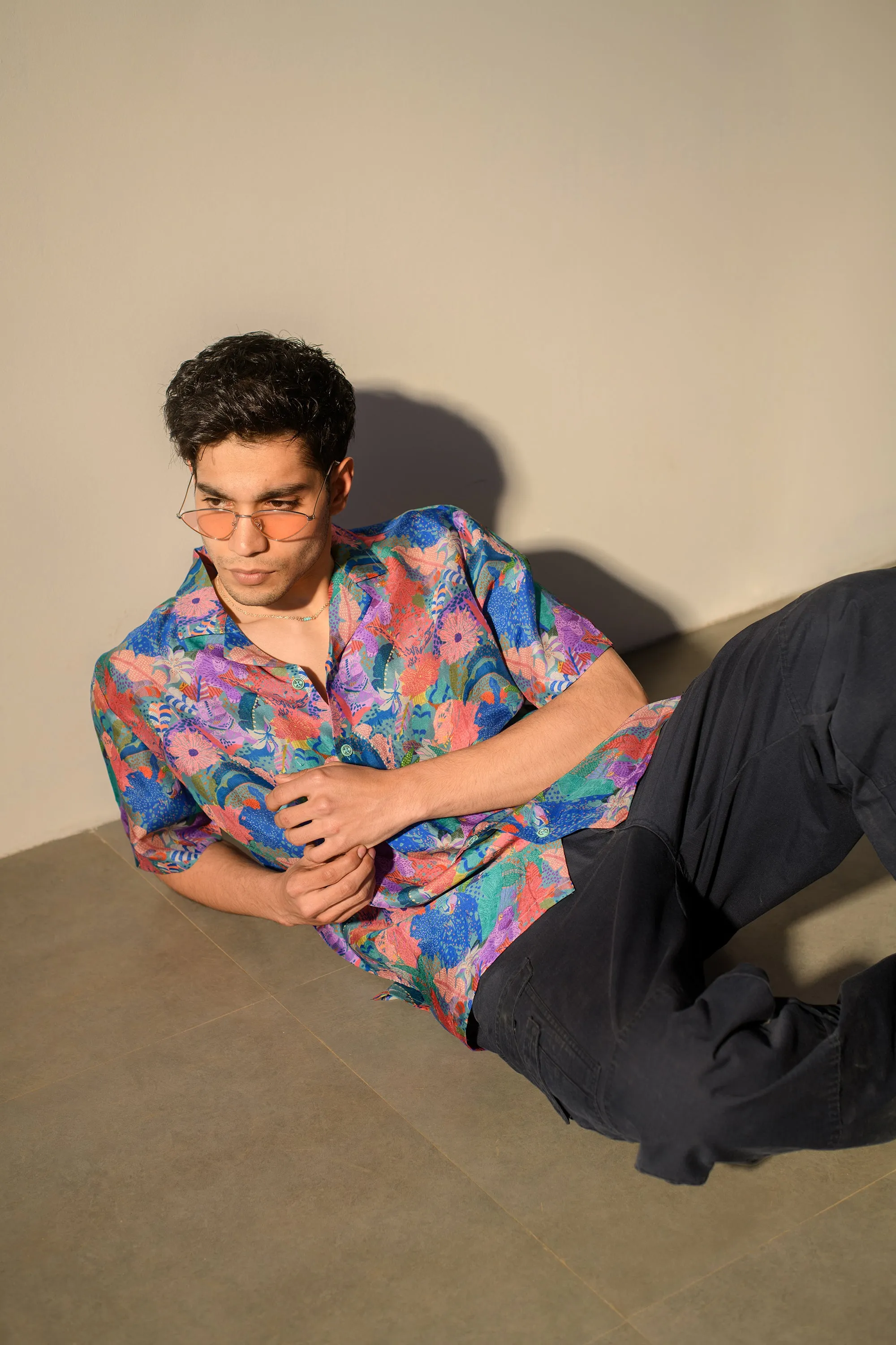 Leopard Multicolor Floral Blue Russian Silk Oversize Hawaiian Collar Shirt