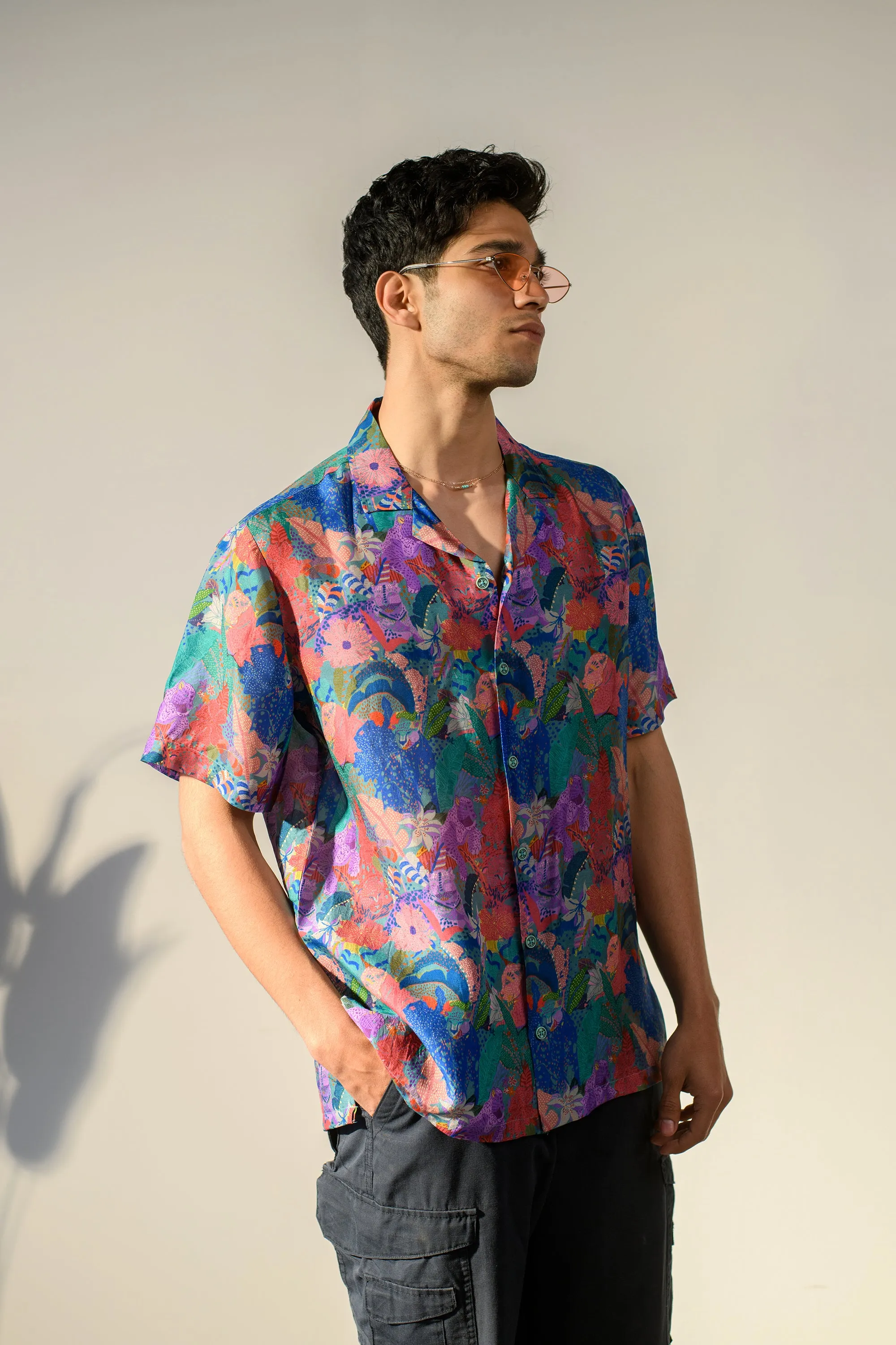 Leopard Multicolor Floral Blue Russian Silk Oversize Hawaiian Collar Shirt