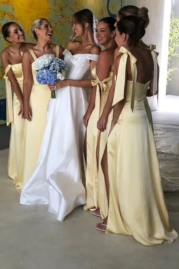 Light Yellow Satin Sheath Straight Across Bridesmaid Dresses With Slit, MBD253
