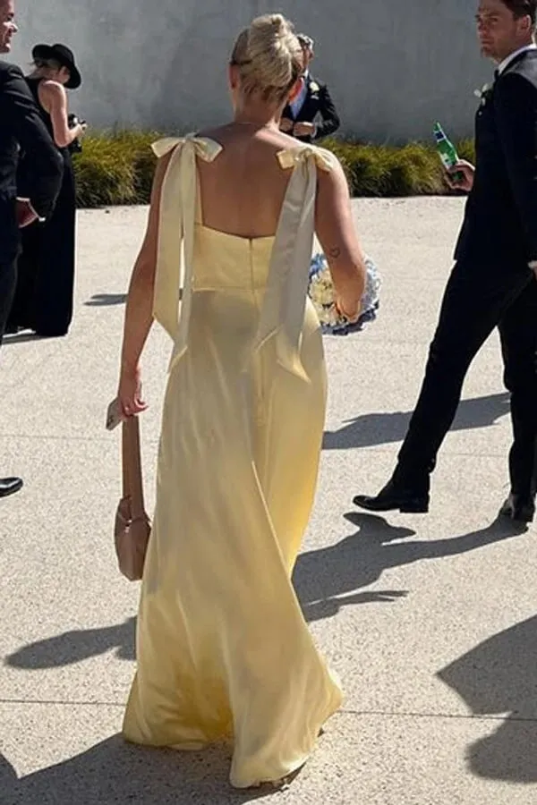 Light Yellow Satin Sheath Straight Across Bridesmaid Dresses With Slit, MBD253