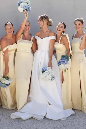 Light Yellow Satin Sheath Straight Across Bridesmaid Dresses With Slit, MBD253