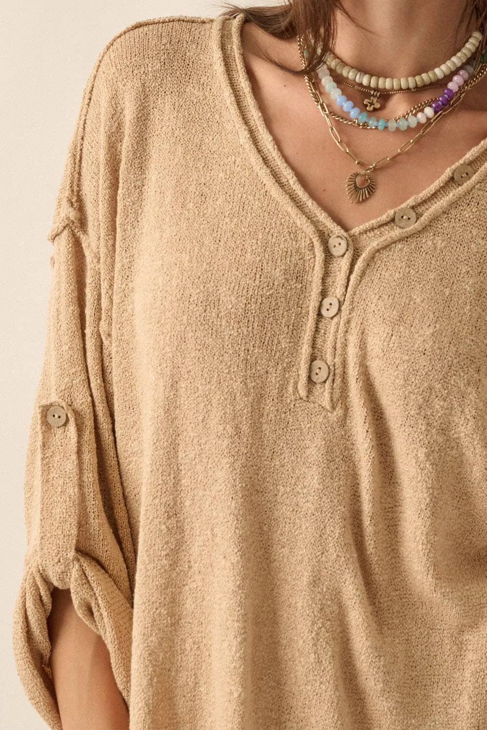 Lightweight Knit Oversized Roll-Up Henley Sweater