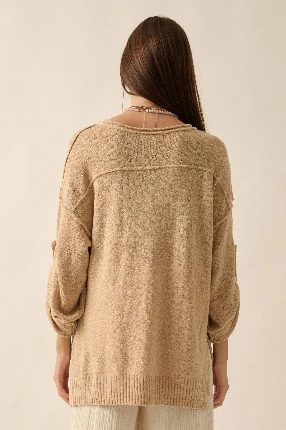Lightweight Knit Oversized Roll-Up Henley Sweater