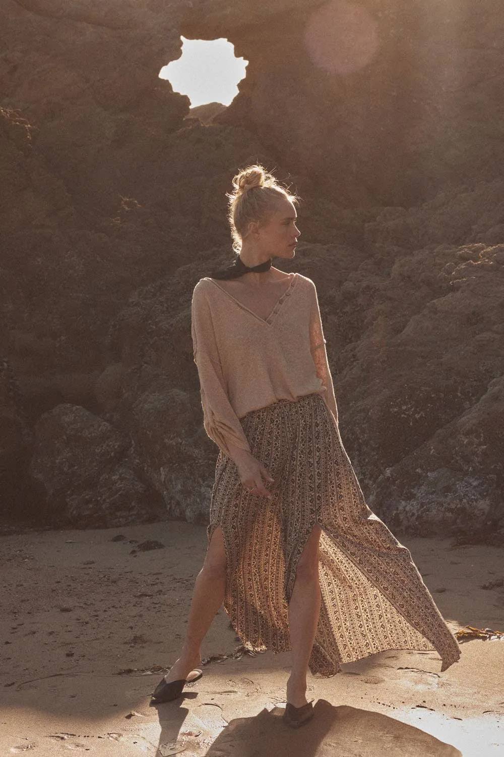 Lightweight Knit Oversized Roll-Up Henley Sweater