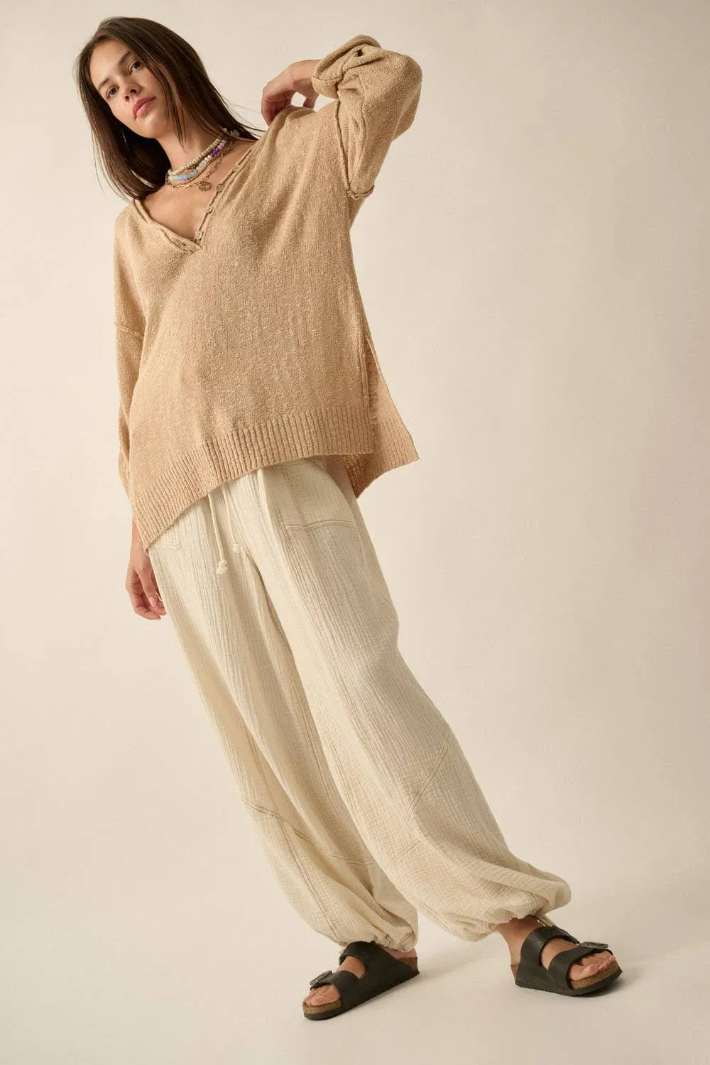Lightweight Knit Oversized Roll-Up Henley Sweater