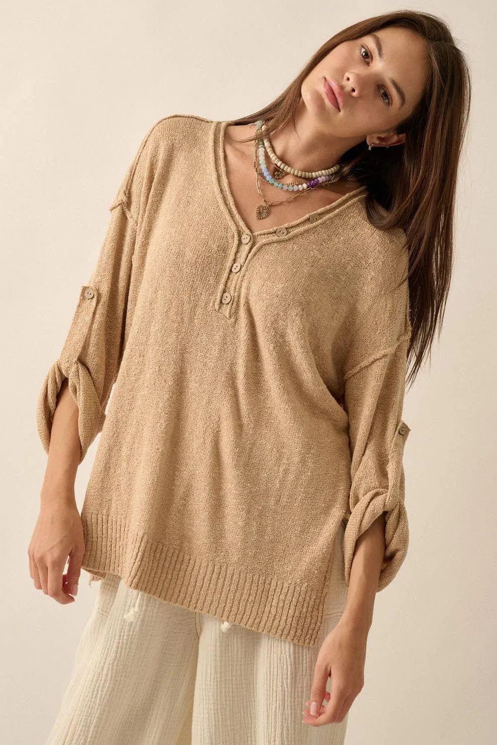Lightweight Knit Oversized Roll-Up Henley Sweater