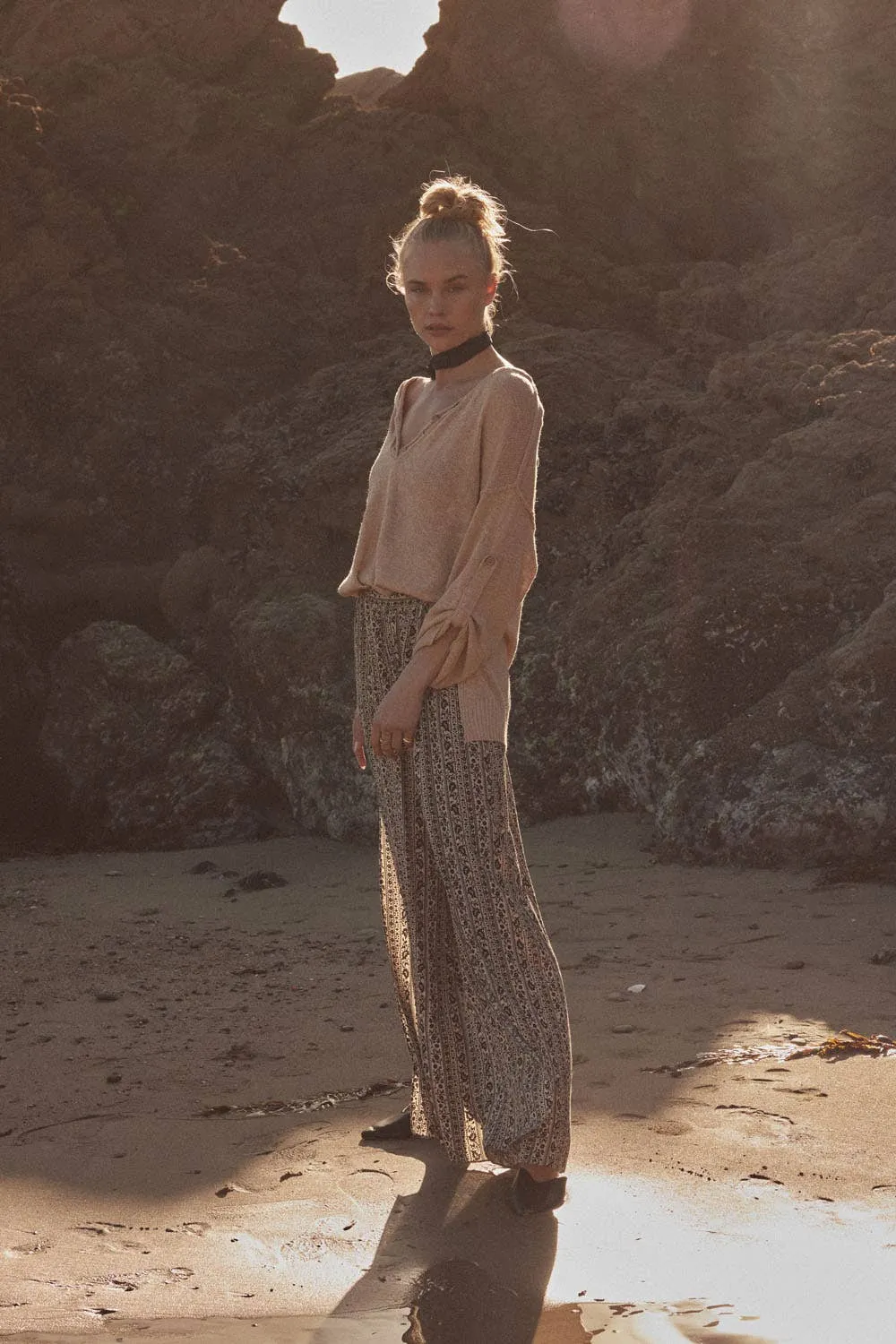 Lightweight Knit Oversized Roll-Up Henley Sweater