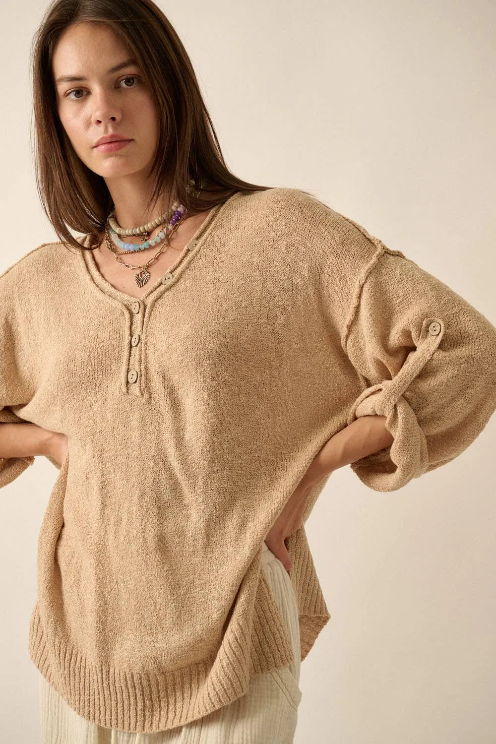 Lightweight Knit Oversized Roll-Up Henley Sweater