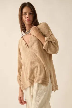 Lightweight Knit Oversized Roll-Up Henley Sweater
