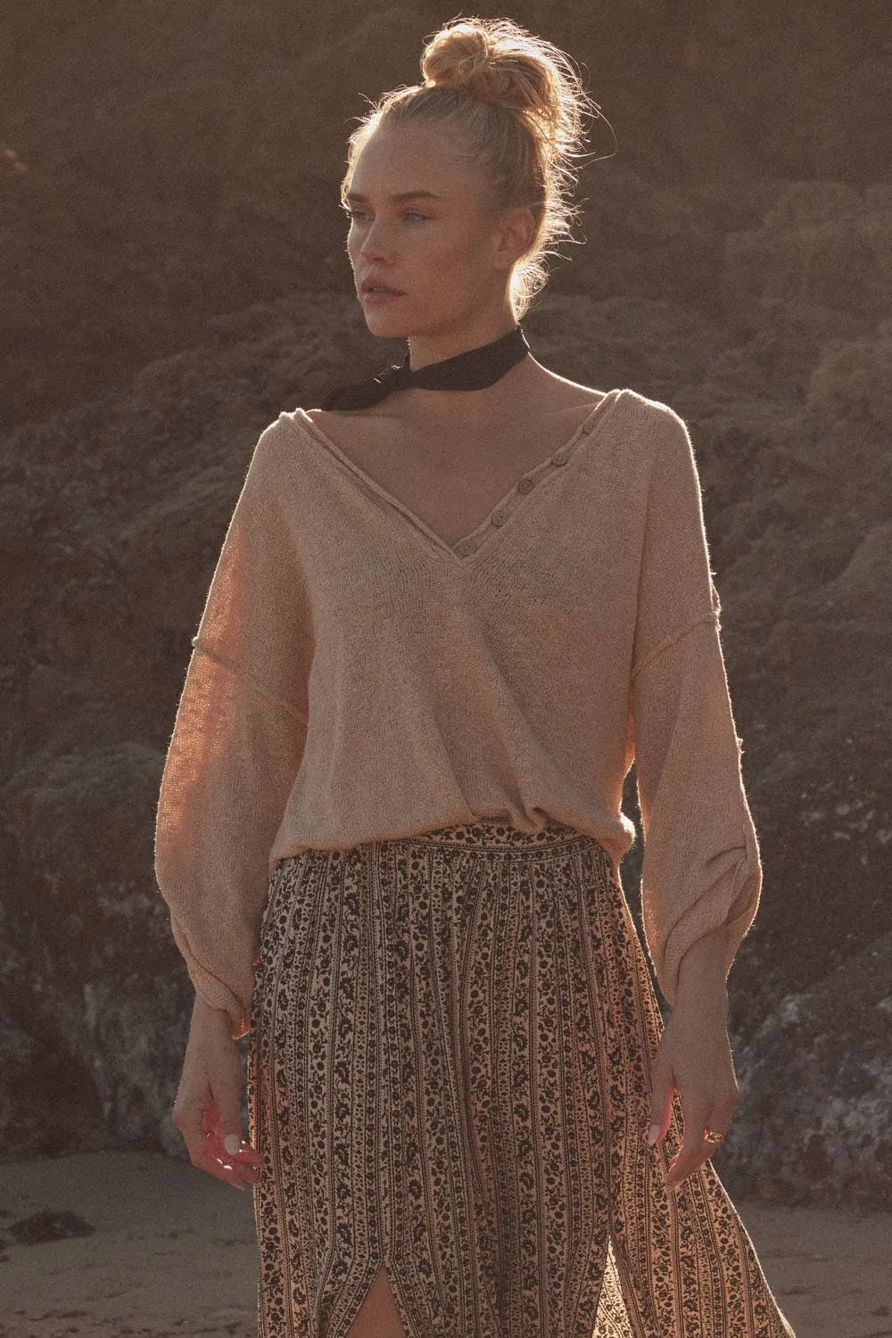 Lightweight Knit Oversized Roll-Up Henley Sweater