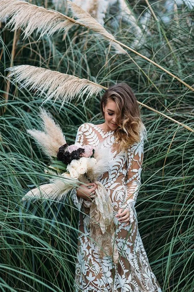 Long Sleeves Mermaid Lace Split Inside Long Formal Wedding Dress
