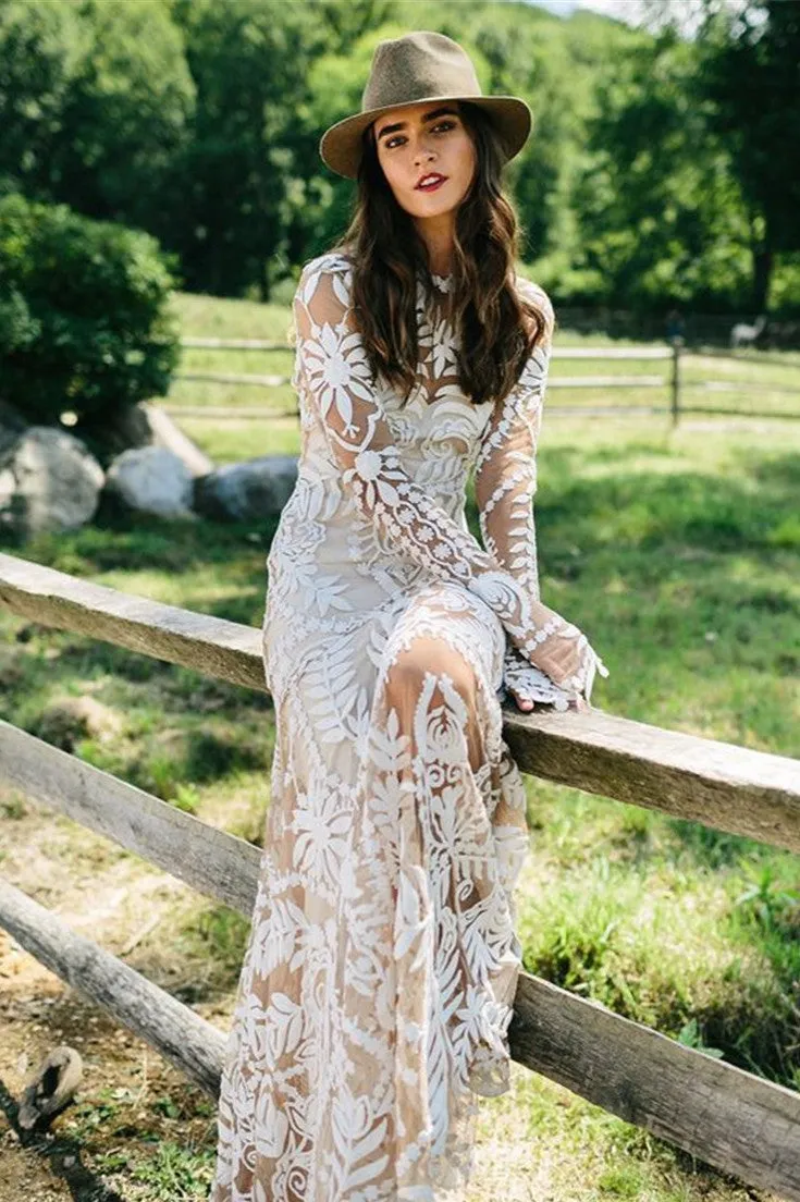 Long Sleeves Mermaid Lace Split Inside Long Formal Wedding Dress