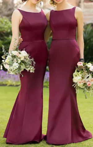 MACloth Burgundy Long Bridesmaid Dress Satin Formal Gown