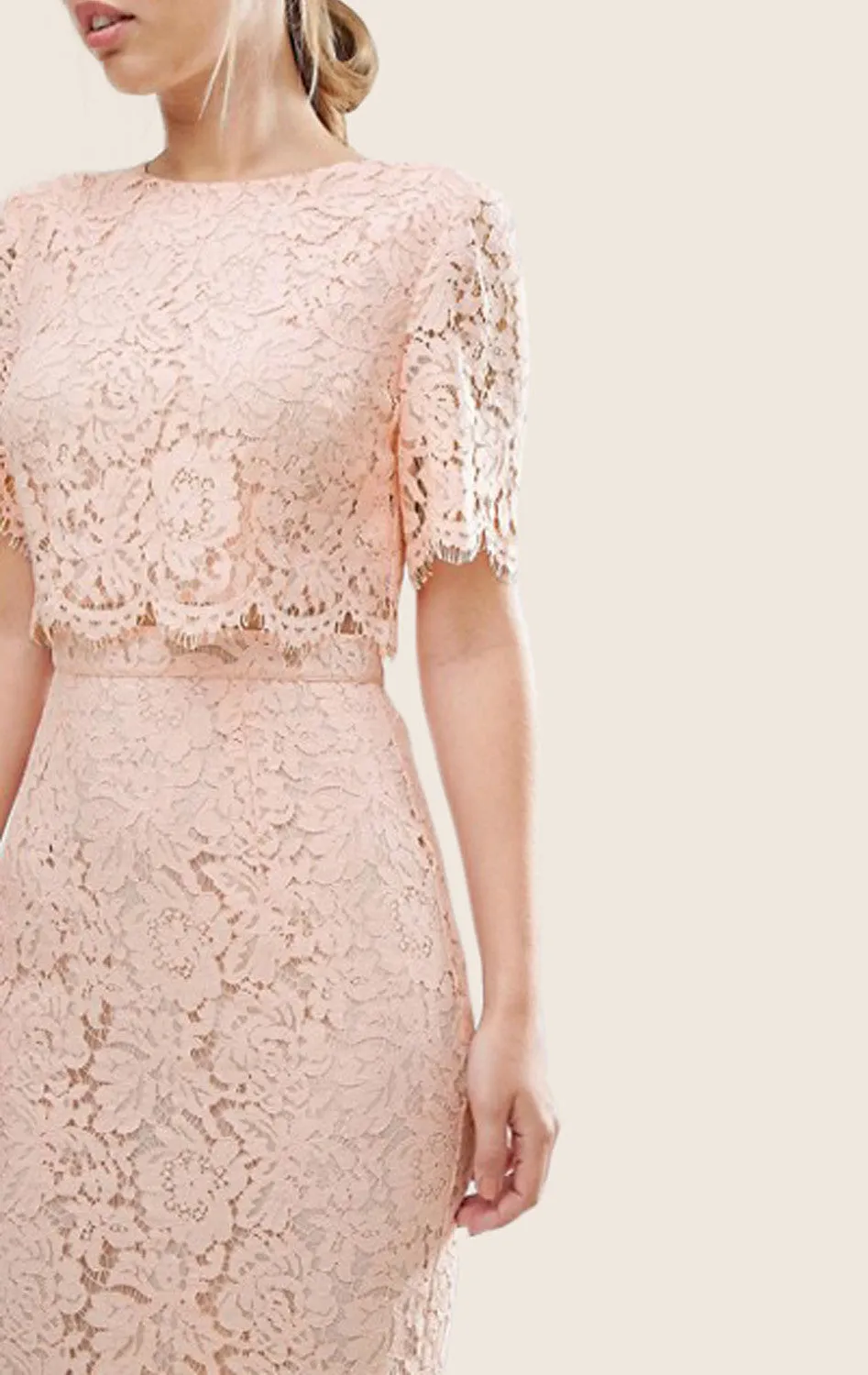 MACloth Two Piece Lace Pink Cocktail Dress Short Sleeves Midi Formal Gown