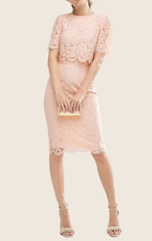 MACloth Two Piece Lace Pink Cocktail Dress Short Sleeves Midi Formal Gown