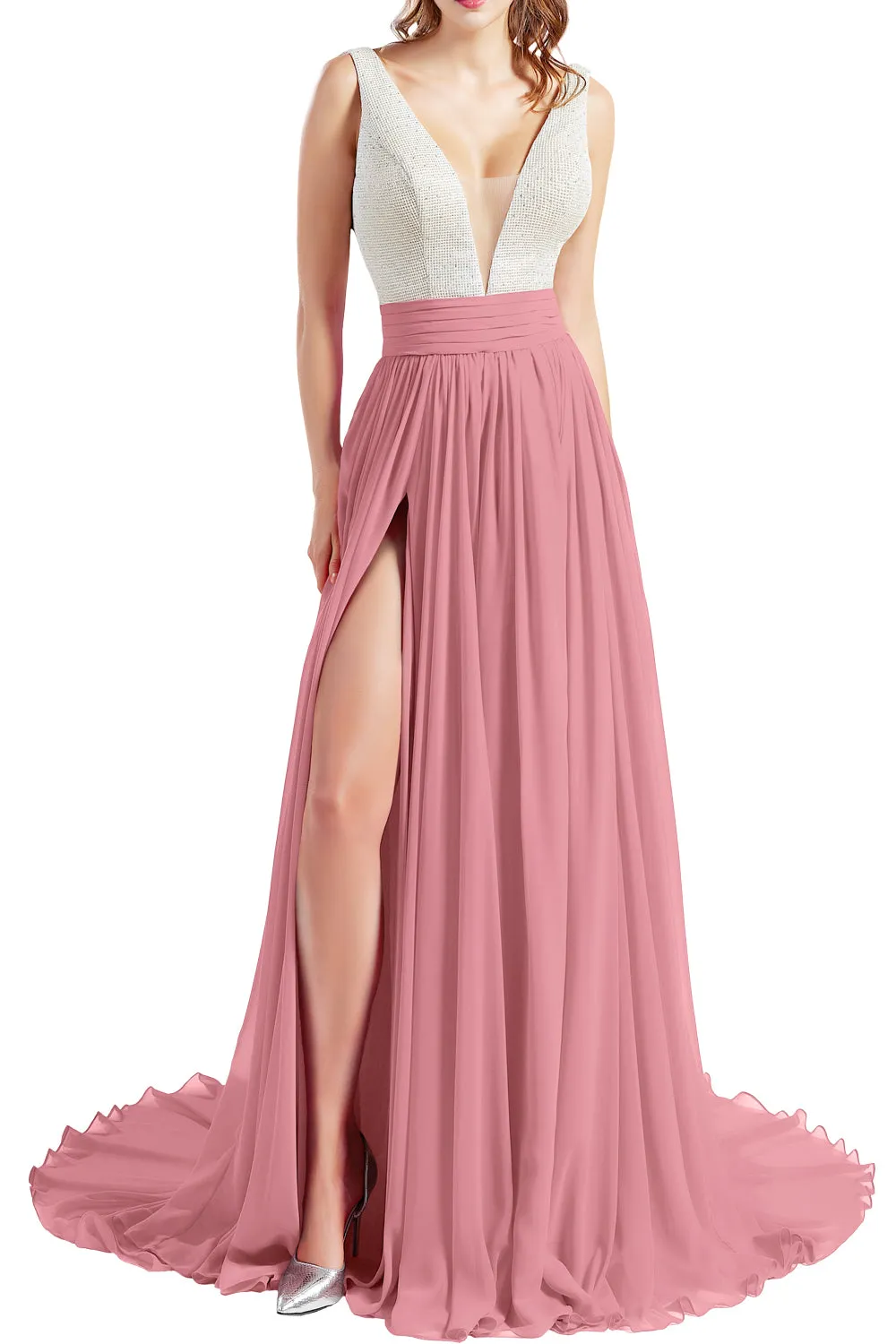 MACloth Women V Neck Long Prom Dresses Sleeveless Formal Evening Gown with Slit