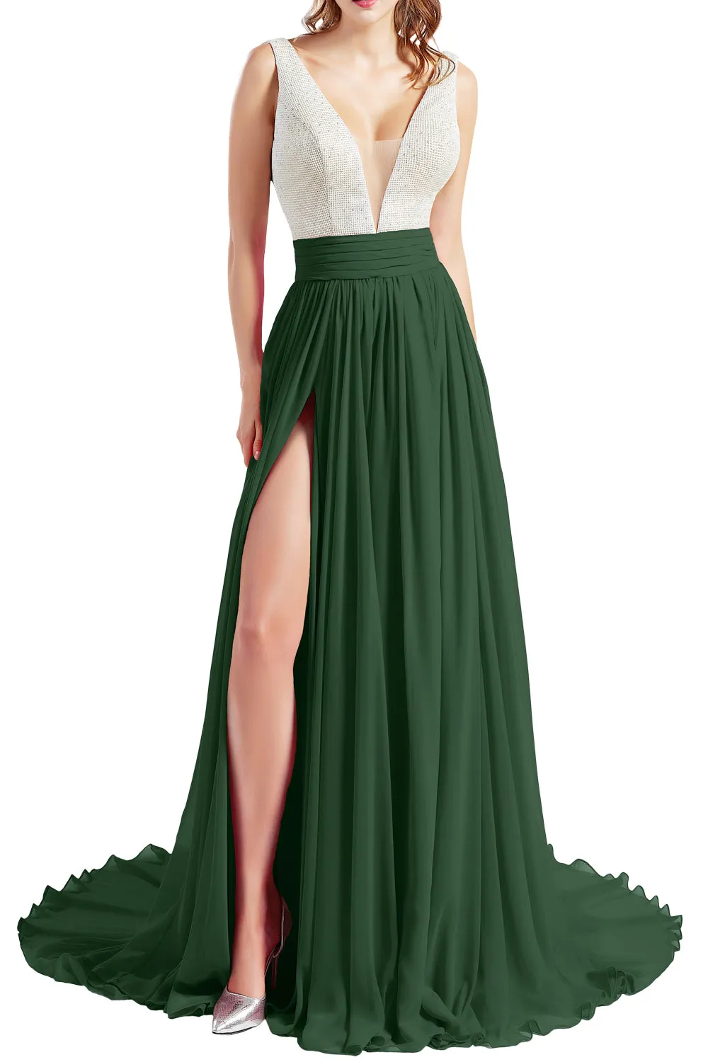 MACloth Women V Neck Long Prom Dresses Sleeveless Formal Evening Gown with Slit